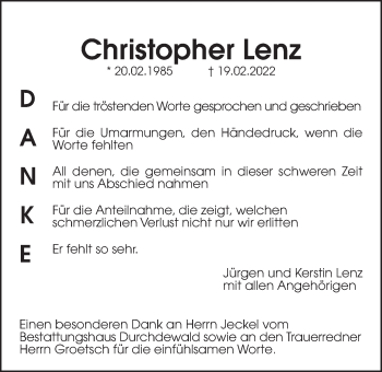 Traueranzeige von Christopher Lenz von Wetterauer Zeitung