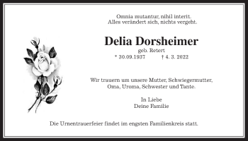 Traueranzeige von Delia Dorsheimer 