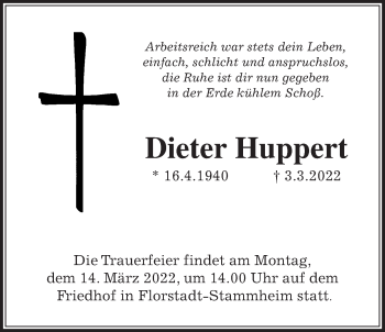 Traueranzeige von Dieter Huppert von Wetterauer Zeitung