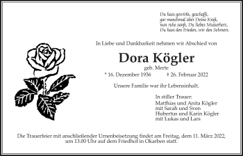 Traueranzeige von Dora Kögler von Wetterauer Zeitung