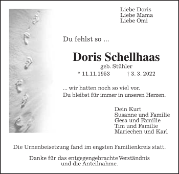 Traueranzeige von Doris Schellhaas von Alsfelder Allgemeine, Giessener Allgemeine