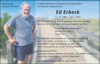 Traueranzeige von Ed Erbeck von Licher Wochenblatt