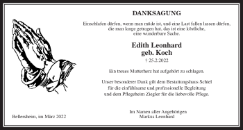 Traueranzeige von Edith Leonhard von Licher Wochenblatt