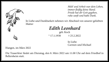 Traueranzeige von Edith Leonhard von Licher Wochenblatt