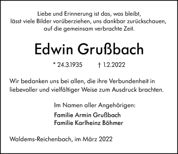 Traueranzeige von Edwin Grußbach von Usinger Anzeiger