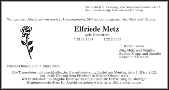 Traueranzeige von Elfriede Metz von Alsfelder Allgemeine