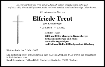 Traueranzeige von Elfriede Treut von Kreis-Anzeiger