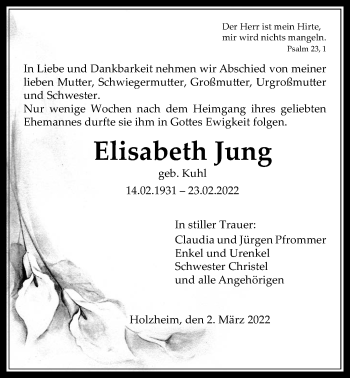 Traueranzeige von Elisabeth Jung von Giessener Allgemeine, Alsfelder Allgemeine