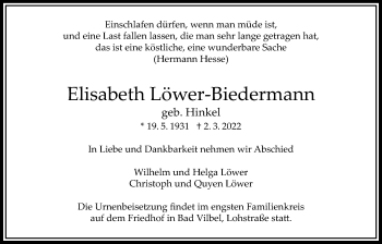 Traueranzeige von Elisabeth Löwer-Biedermann von Bad Vilbel/Karben