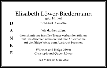 Traueranzeige von Elisabeth Löwer-Biedermann von Bad Vilbel/Karben