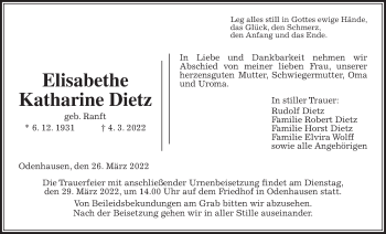 Traueranzeige von Elisabethe Katharine Dietz von Giessener Allgemeine, Alsfelder Allgemeine