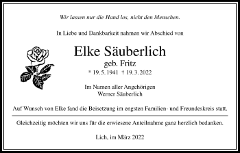 Traueranzeige von Elke Säuberlich von Licher Wochenblatt