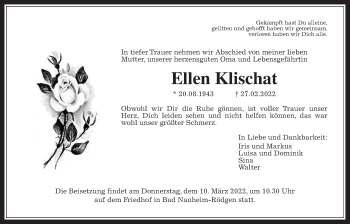 Traueranzeige von Ellen Klischat von Wetterauer Zeitung