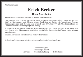 Traueranzeige von Erich Becker von Wetterauer Zeitung