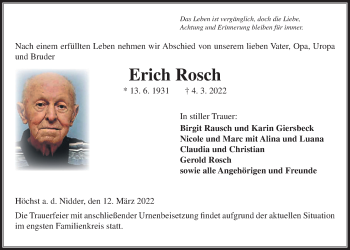Traueranzeige von Erich Rosch von Kreis-Anzeiger