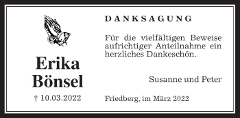 Traueranzeige von Erika Bönsel von Wetterauer Zeitung