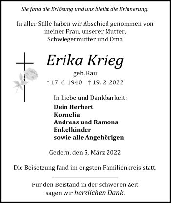 Traueranzeige von Erika Krieg von Kreis-Anzeiger