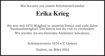 Traueranzeige von Erika Krieg von Kreis-Anzeiger