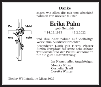 Traueranzeige von Erika Palm von Wetterauer Zeitung