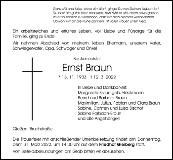 Traueranzeige von Ernst Braun von Giessener Allgemeine, Alsfelder Allgemeine, Giessener Anzeiger