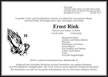 Traueranzeige von Ernst Rink von Laubacher Anzeiger