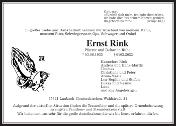 Traueranzeige von Ernst Rink von Giessener Allgemeine, Alsfelder Allgemeine