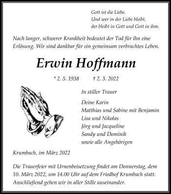 Traueranzeige von Erwin Hoffmann von Giessener Allgemeine, Alsfelder Allgemeine, Giessener Anzeiger