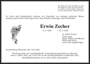 Traueranzeige von Erwin Zecher von Giessener Allgemeine, Alsfelder Allgemeine, Giessener Anzeiger