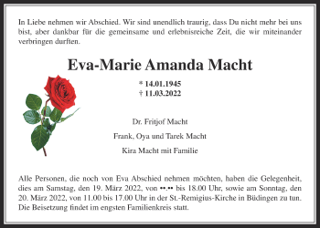 Traueranzeige von Eva-Marie Amanda Macht von Kreis-Anzeiger