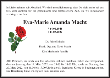 Traueranzeige von Eva-Marie Amanda Macht von Kreis-Anzeiger