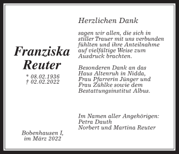 Traueranzeige von Franziska Reuter von Kreis-Anzeiger