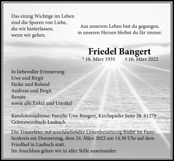 Traueranzeige von Friedel Bangert von Usinger Anzeiger