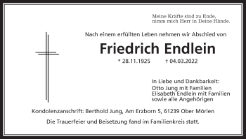 Traueranzeige von Friedrich Endlein von Wetterauer Zeitung