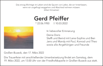 Traueranzeige von Gerd Pfeiffer von Giessener Allgemeine, Alsfelder Allgemeine, Giessener Anzeiger