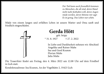 Traueranzeige von Gerda Hött von Licher Wochenblatt