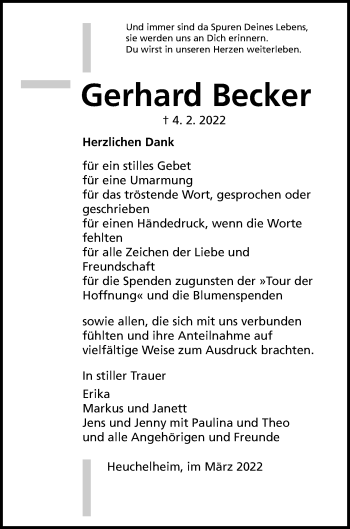Traueranzeige von Gerhard Becker von Giessener Allgemeine, Alsfelder Allgemeine, Giessener Anzeiger