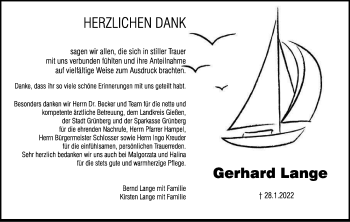 Traueranzeige von Gerhard Lange von Heimatzeitung Grünberg + Laubach