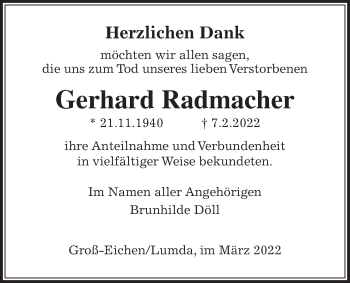 Traueranzeige von Gerhard Radmacher von Alsfelder Allgemeine