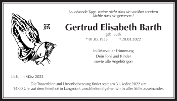 Traueranzeige von Gertrud Elisabeth Barth von Giessener Allgemeine, Alsfelder Allgemeine