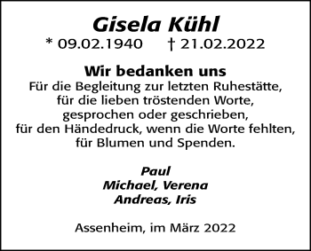 Traueranzeige von Gisela Kühl von Wetterauer Zeitung