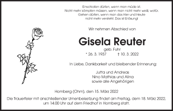 Traueranzeige von Gisela Reuter von Alsfelder Allgemeine