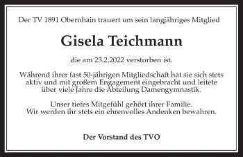 Traueranzeige von Gisela Teichmann von Wetterauer Zeitung, Usinger Anzeiger