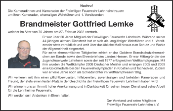 Traueranzeige von Gottfried Lemke von Giessener Allgemeine, Alsfelder Allgemeine