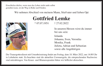 Traueranzeige von Gottfried Lemke von Giessener Allgemeine, Alsfelder Allgemeine