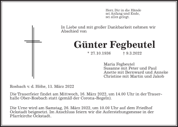 Traueranzeige von Günter Fegbeutel von Wetterauer Zeitung