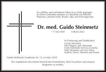 Traueranzeige von Guido Steinmetz von Wetterauer Zeitung