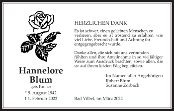 Traueranzeige von Hannelore Blum von Bad Vilbel/Karben
