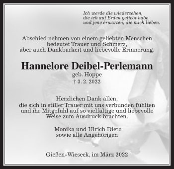 Traueranzeige von Hannelore Deibel-Perlemann von Giessener Anzeiger, Giessener Allgemeine, Alsfelder Allgemeine