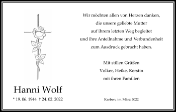 Traueranzeige von Hanni Wolf von Bad Vilbel/Karben