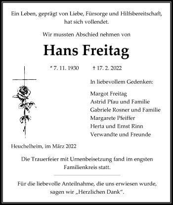 Traueranzeige von Hans Freitag von Giessener Allgemeine, Alsfelder Allgemeine
